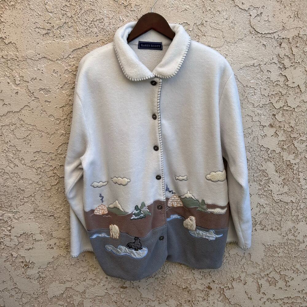 Vintage Polar Bear Igloo Fleece Winter Scene Jacket Size XL